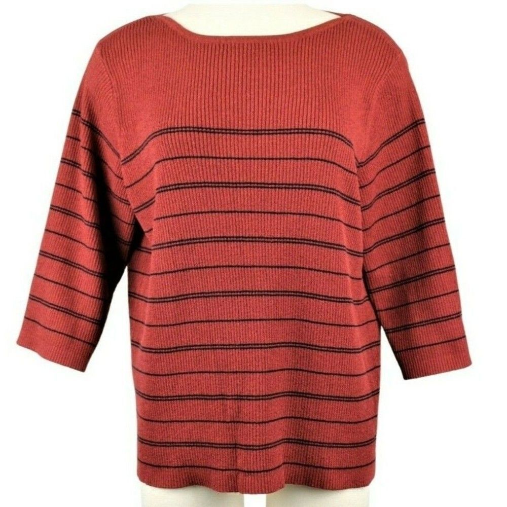 Sweater Ribbed Knit Pullover ¾ Sleeve Boatneck Square Hem Brick Red Size 18/20